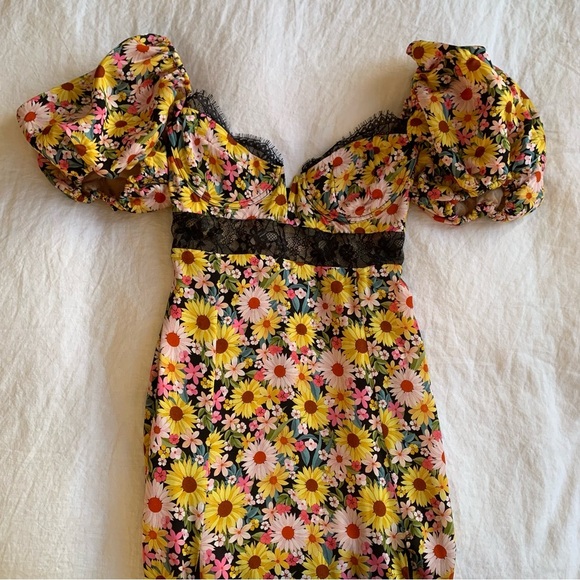 NWT For Love & Lemons Sylvia Floral Lace Puff Short Sleeve Slit Maxi Dress - Picture 9 of 15